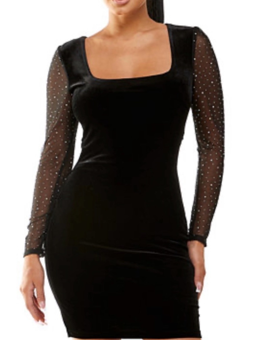 City Studio Black Square Neck Velvet Dress with Sheer Rhinestones Sleeves
